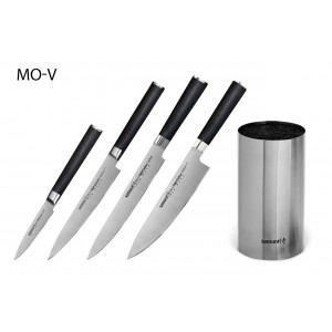 Набор из 4-х ножей Samura Mo-V овощной, универсальный, для нарезки, шеф и подставка