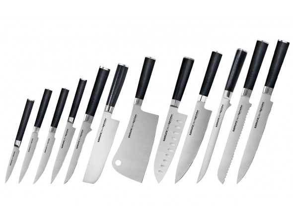 Набор из 12-ти ножей Samura Mo-V овощной, для томатов, для стейка, универсальный 150, обвалочный, накири, топорик, сантоку, шеф, филейный, для хлеба, для нарезки