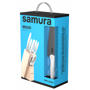 Набор из 5-ти ножей Samura MOJO овощной 94 мм, универсальный 148 мм, филейный 218 мм, для хлеба 194 мм, Шеф 200 мм, мусата, ножниц и подставки, белый