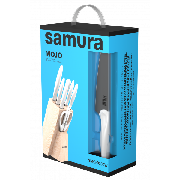 Набор из 5-ти ножей Samura MOJO овощной 94 мм, универсальный 148 мм, филейный 218 мм, для хлеба 194 мм, Шеф 200 мм, мусата, ножниц и подставки, белый