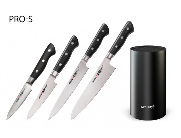 Набор из 4-х ножей Samura Pro-S Овощной, Универсальный 115 мм, для нарезки, Шеф и подставки