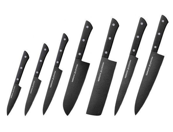 Набор из 7-х ножей Samura Shadow овощной, универсальный 120 мм, универсальный 150 мм, Сантоку, Накири, для нарезки, Шеф Набор из 7-х ножей Samura Shadow овощной, универсальный 120 мм, универсальный 150 мм, Сантоку, Накири, для нарезки, Шеф