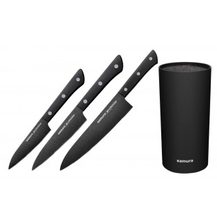 Набор из 3-х ножей Samura Shadow Овощной 99 мм, Универсальный 120 мм и Шеф 208 мм и подставки