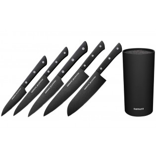 Набор из 5-ти ножей Samura Shadow Овощной 99 мм, Универсальный 120 мм, Универсальный 150 мм, Шеф 208 мм, Сантоку 175 мм и подставки